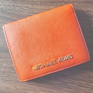 Michael Kors Mercer Leather Carryall Card Case in Orange Pebbled Leather